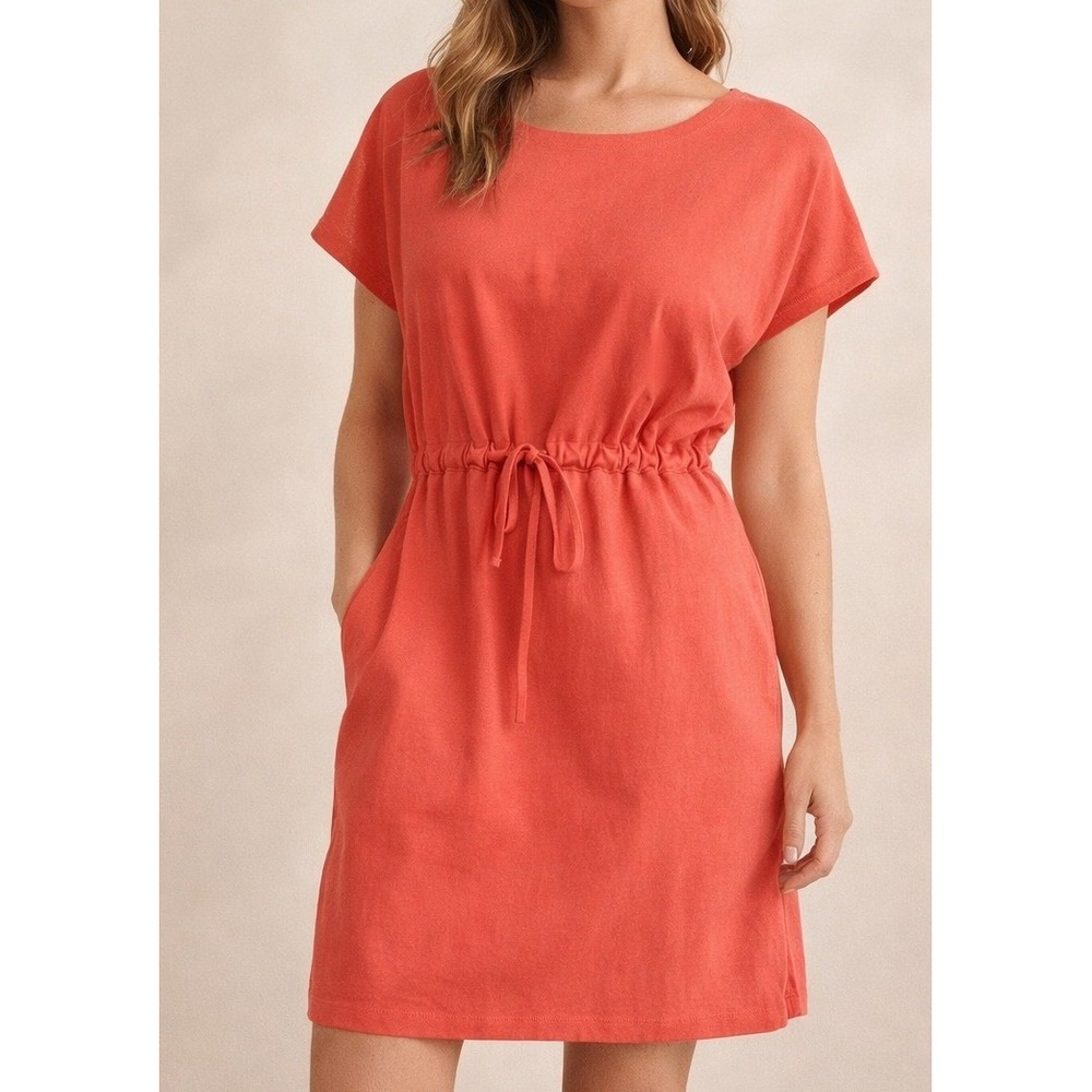 Cuyana Coral Drawstring Waist Dress Small Short Sleeve Minimalist Knee Length